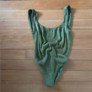 Hunza G London coverage square neck crinkle bathing suit metallic moss